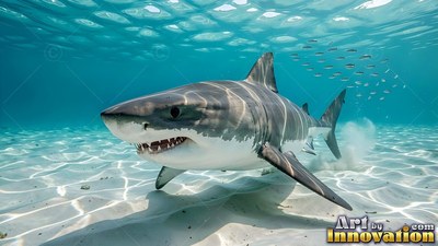 Great white shark traveling over bright pale sand in clear deep blue water