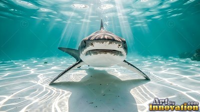 Striped skin marks a tiger shark swimming over white sand in sunny turquoise water