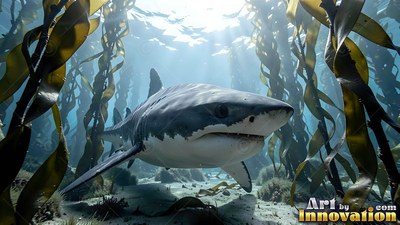A shark swims forward through tall kelp under bright sunlight through blue water