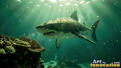 Angled toward the front, a great white shark glides over green coral in sunlit water