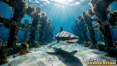 A shark swims over sandy ground beneath old wooden pillars in clear deep blue water