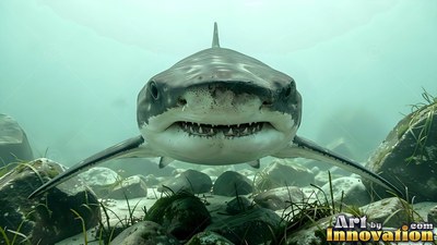 In greenish water above rocky sand, a shark swims forward with open jaws