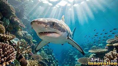 Swimming over a sunlit coral reef, a great white shark turns forward in clear deep blue water