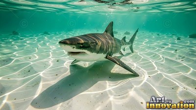 Shark traveling over bright white sand in shallow, sunlit water