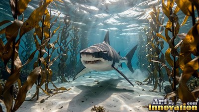 A row of sharp teeth shows on a great white shark swimming through a sunlit kelp forest over clean white sand