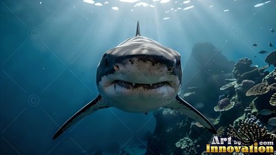 A shark swims forward near a reef, illuminated by soft sunbeams filtering down