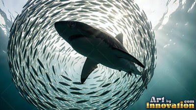 Viewed from below, a shark cuts through a swirling circle of fish in sunlit water