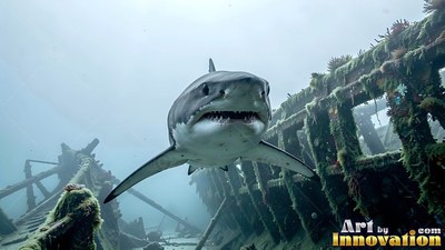 A great white shark glides forward over a mossy wooden shipwreck in pale water