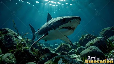 In deep blue water over dark rocks, a great white shark moves forward