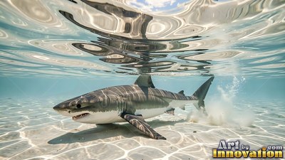 Swimming in clear shallow water, a great white shark kicks up white sand