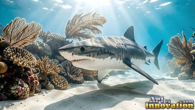 Great white shark moving over sandy seafloor coral in sunlight
