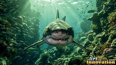 Bared white teeth show on a shark swimming through a sunlit green coral reef