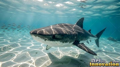A shark swims over sandy ocean shallows under bright rippled sunlight