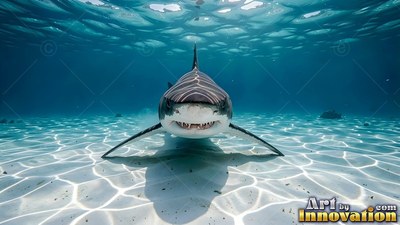Facing forward, a shark swims just above sunny, rippled white sand