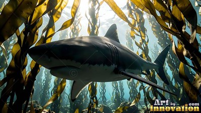 A great white shark travels through tall brown kelp under bright sunlight