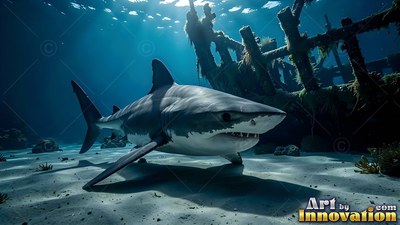 In deep blue water by an old shipwreck, a shark swims over sand