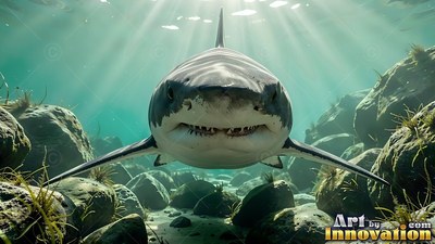 Swimming forward, a great white shark bares its teeth above a rocky seabed
