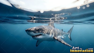 Great white shark traveling just below the sunlit surface of clear blue water