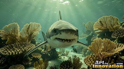 Sharp teeth line the open mouth of a slate gray shark swimming over pale corals in sunlit water
