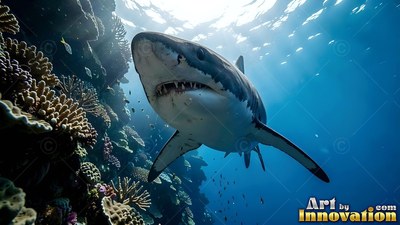 A shark swims past a coral reef under bright sunlight filtering through blue water