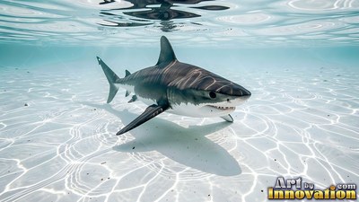 Facing forward, a shark swims over sunlit clean white sand in clear water