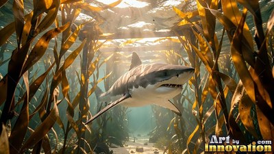 A shark swims forward through tall golden kelp under bright sunlight
