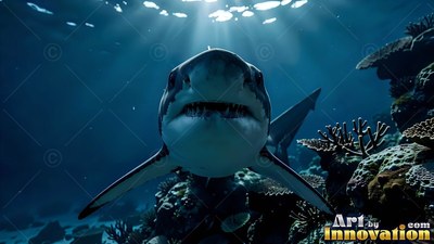 Under sunlit blue ocean water, a shark swims forward with open jaws over a coral reef