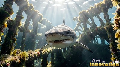 Swimming through a sunken wooden wreck, a great white shark faces forward in sunlit water