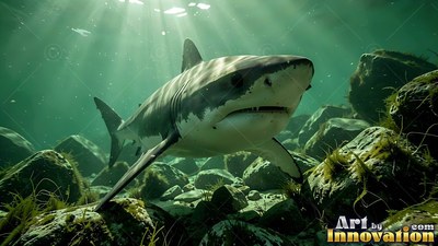 A shark swimming over rocky seabed in green sunlit water