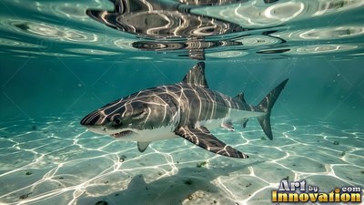 Sunlight ripples across a dark gray shark as it swims in clear, shallow water over pale sand