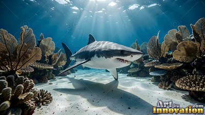 A great white shark travels over sandy ground, bright sunlight cutting down through the clear blue water