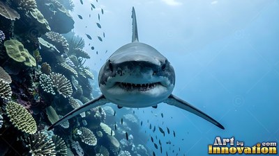 Facing straight forward, a shark swims near a coral reef in clear pale blue water