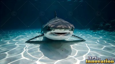 A tiger shark swims over bright white sand with rippling sunlight
