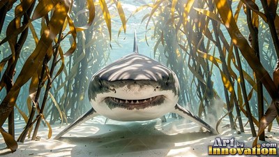 In a sunlit kelp forest, a white shark swims forward over sandy sea floor