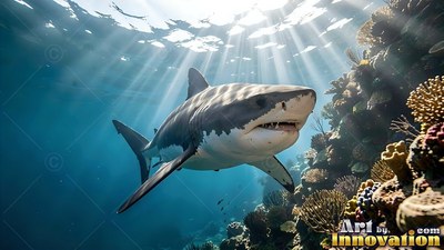 Swimming under bright sunbeams, a great white shark cruises past a colorful coral reef