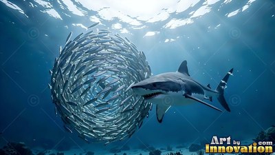 A shark moving beside a swirling ball of small fish in clear blue water
