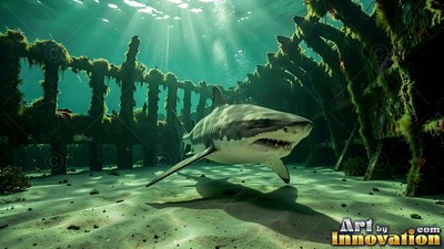 Pointed white teeth show on a great white shark traveling over sand inside a sunken ship