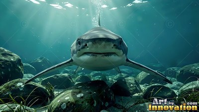 A shark swims directly forward over dark rocks under bright beams of turquoise sunlight