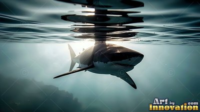 Swimming head-on near the water surface, a great white shark in sunlit blue ocean