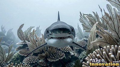 A dark gray shark swims straight forward over a coral reef with its teeth showing