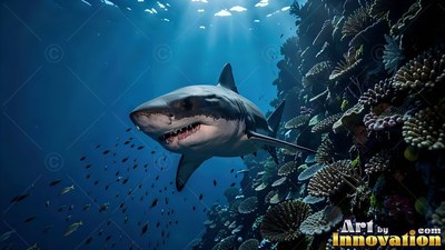 Along a dark coral reef, a great white shark cruises through sunlit blue water
