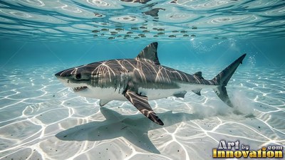 Swimming over bright pale sand, a pale gray shark casts rippling shadows in clear water
