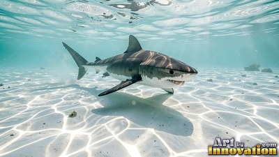 A shark glides through sunny shallow water over clean white sand