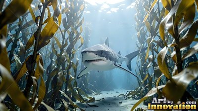 White belly facing forward, a shark swims through tall brown kelp in clear water under sunlight
