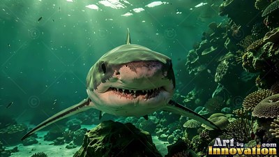 A great white shark cruises forward over a coral reef in pale green sunlight