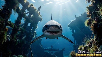 Facing forward, a shark swims through a sunken shipwreck under sunbeams