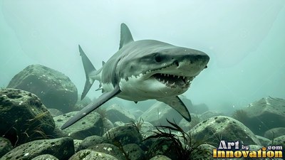 A great white shark moves with its mouth open over green rocks underwater