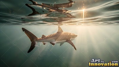 In sunny shallow water, a shark swims beneath the surface reflection