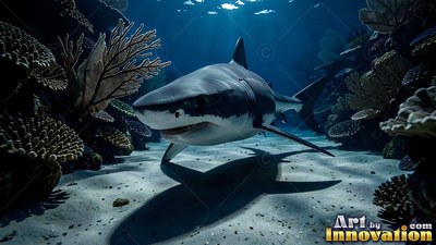 Swimming close to a sandy seabed, a slate gray shark glides between dark coral reefs