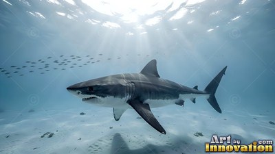 Great white shark gliding over sand under sunlit blue water